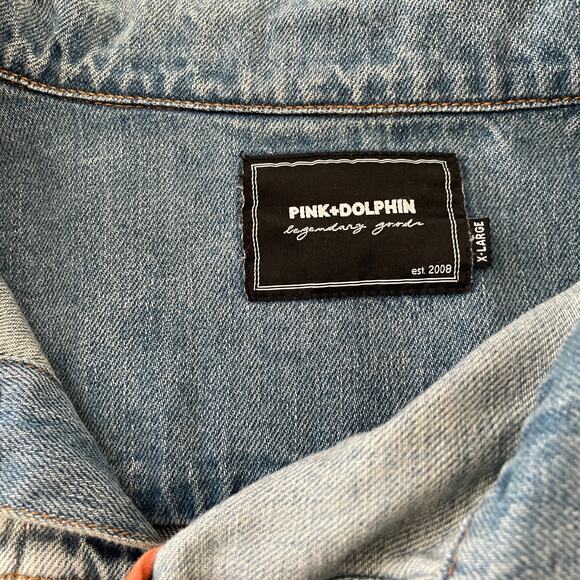 Pink Dolphin Women’s Denim Jacket XL Light Wash Distressed Frayed Hem Streetwear - Picture 9 of 15